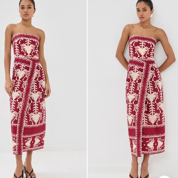 Johanna Ortiz Strapless Dress in Red and Cream - Picture 3 of 7